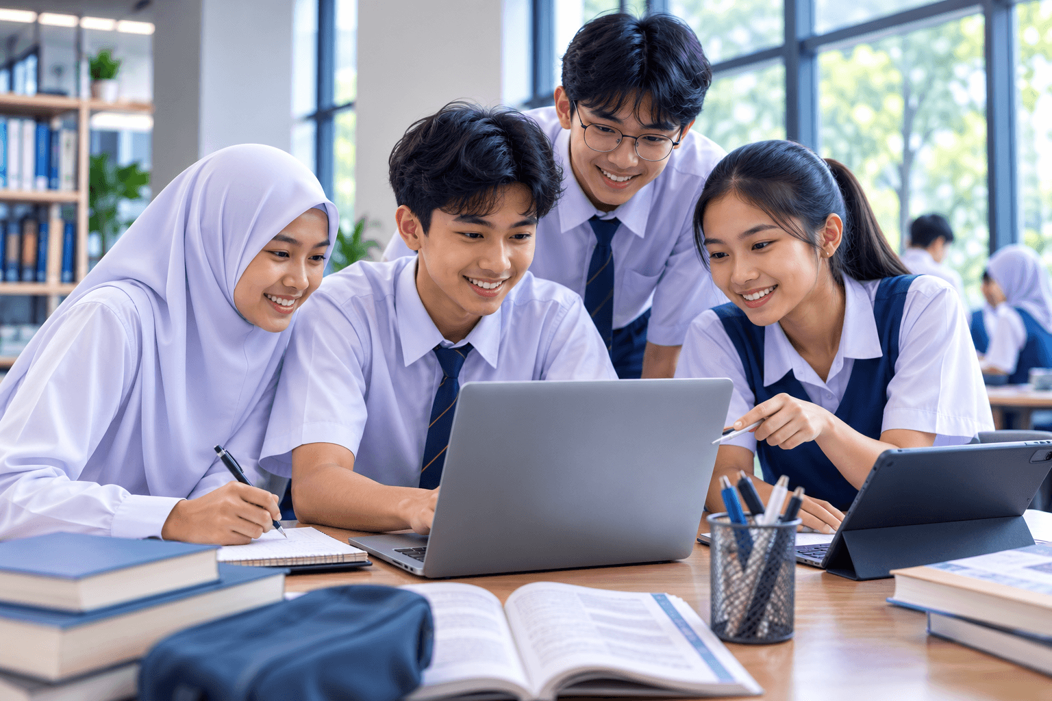 Malaysian secondary-school students learning together in a modern classroom