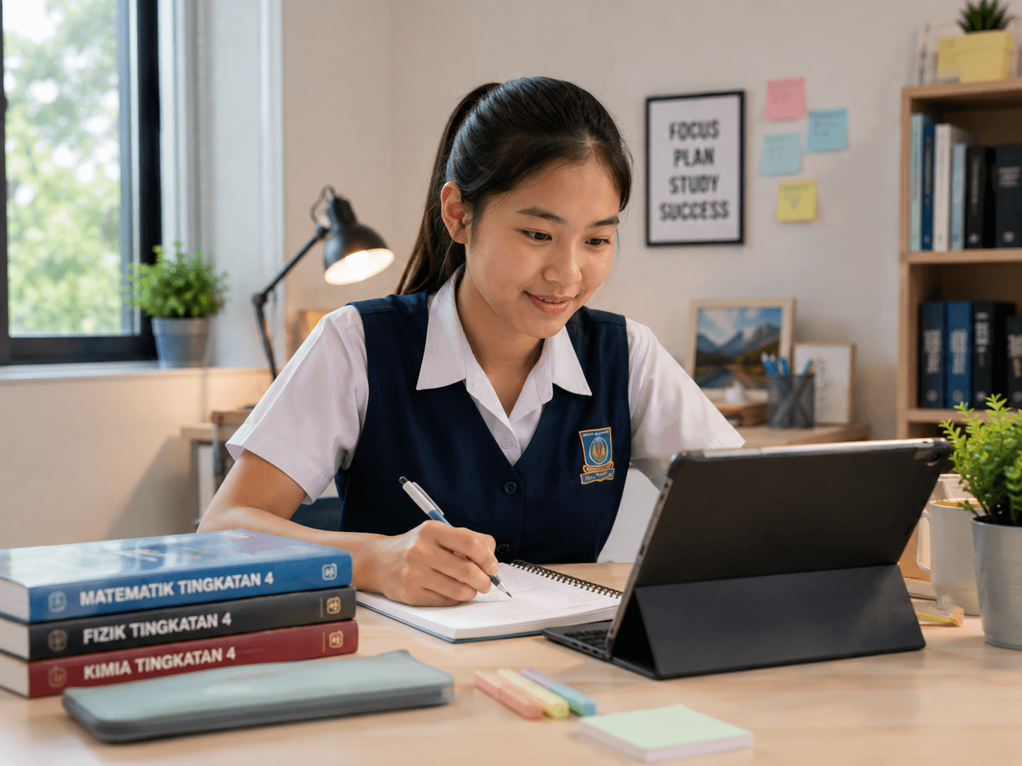 A Malaysian secondary student studying independently with a laptop